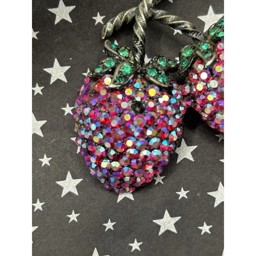 Vintage Double Strawberry WEISS Brooch Pin Green & Red AB Rhinestones